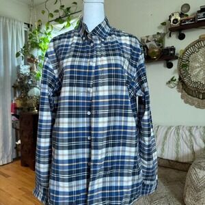 Merona Mens Tailored Fit Plaid Button Down Shirt Blue White Orange Large